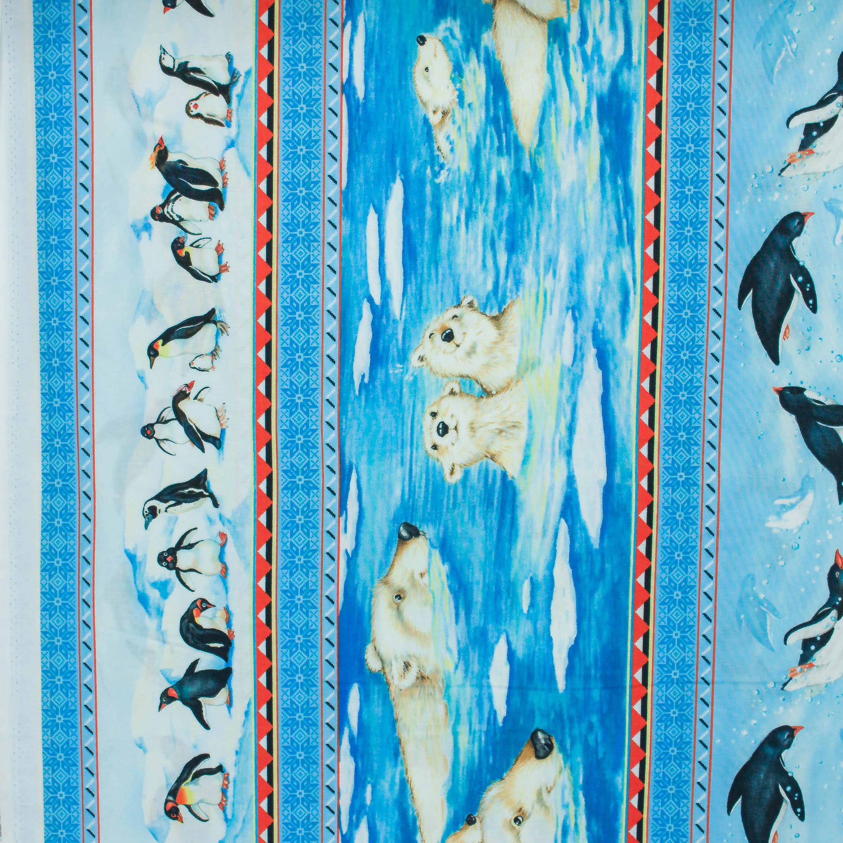 Katoen blauw met pinguïns en ijsberen